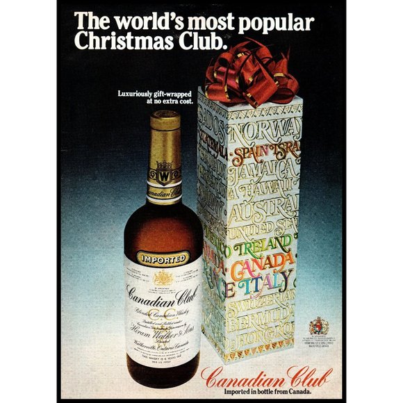 1975 Canadian Club Rye Whisky Vintage Print Ad Christmas Gift Box Bow Wall Art - Picture 1 of 2